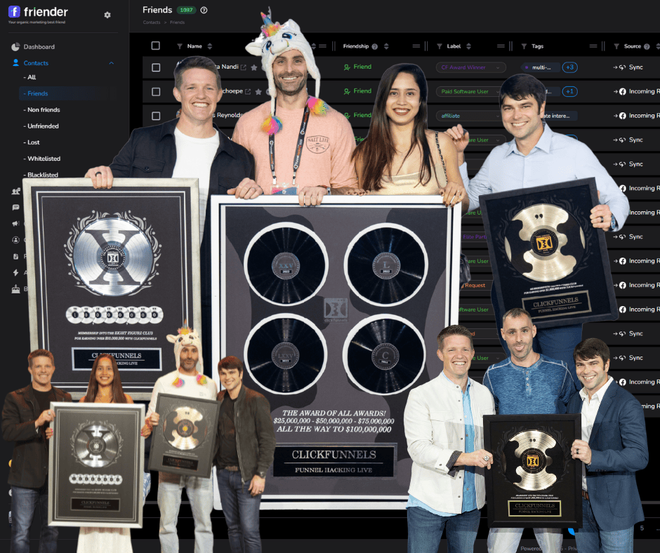 Friender founders Jon Vaughn and Aunkita Nandi with 2 Comma Club awards, alongside many successful Friender users
