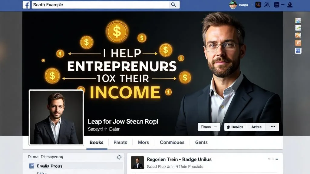 Example of a bad Facebook profile - overly salesy cover photo with money symbols