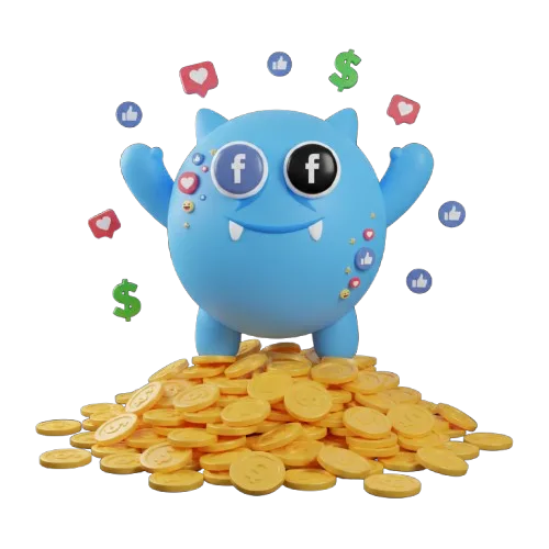 Engagement Monster celebrating with coins and social reactions