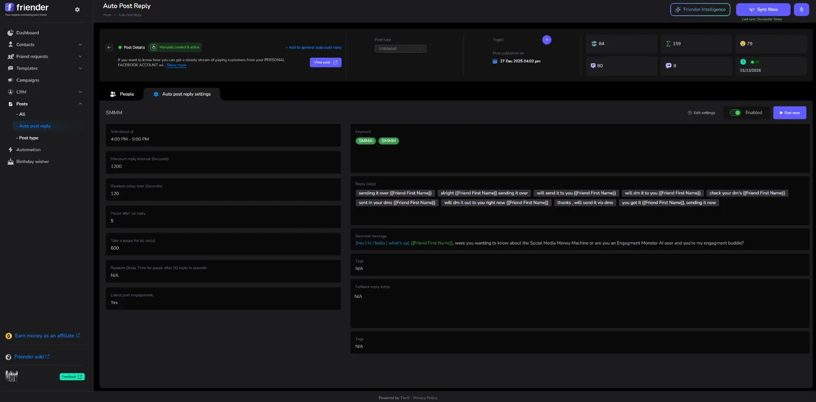 Friender Auto Post Reply settings showing keyword triggers, reply templates with personalization, timing controls, and automation options