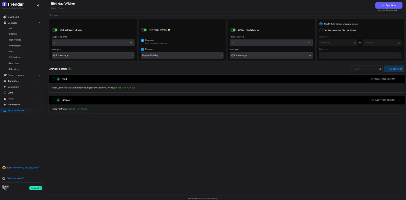 Friender Birthday Wisher Interface
