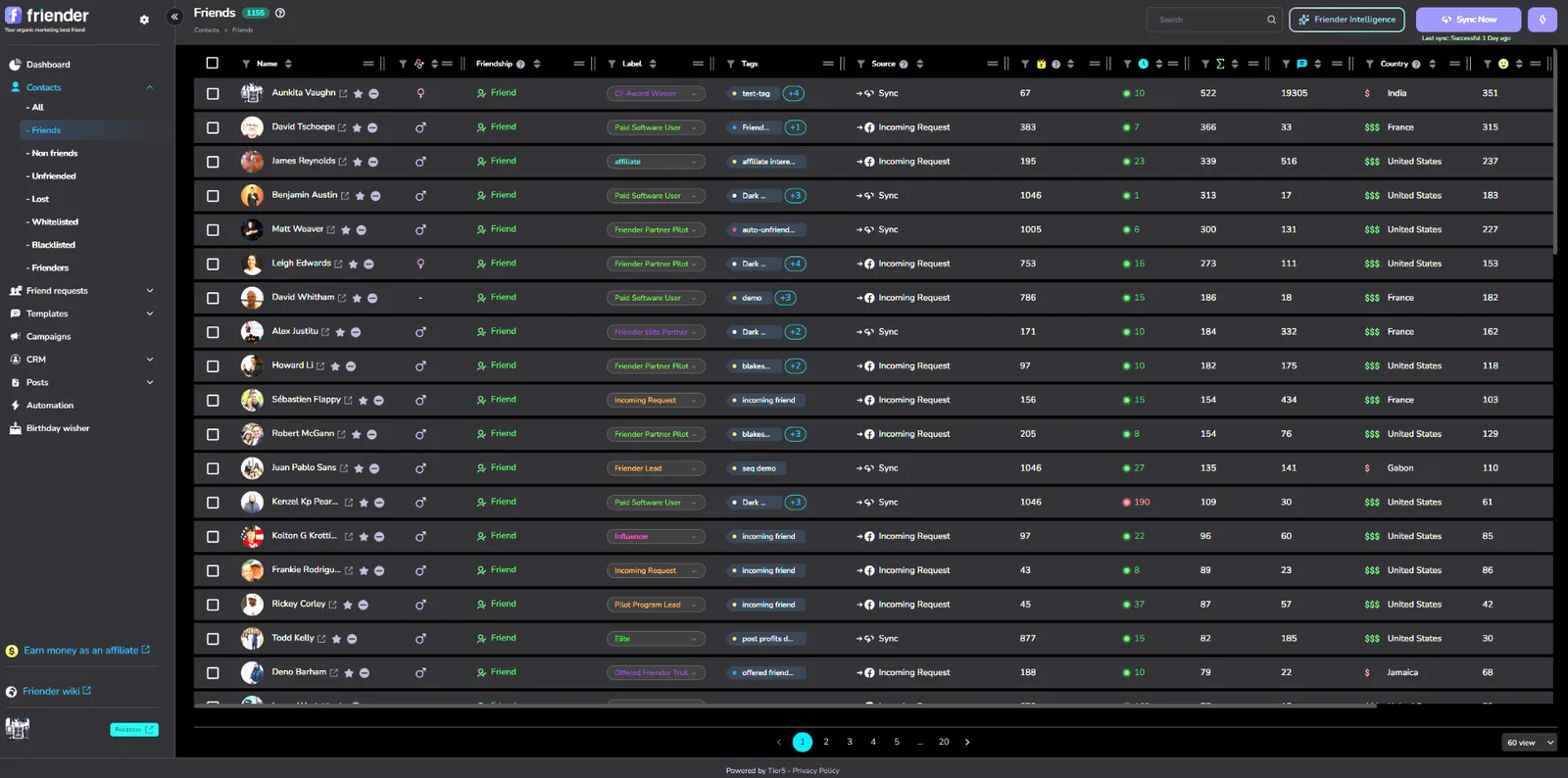 Friender Contacts CRM showing lead sources and tracking
