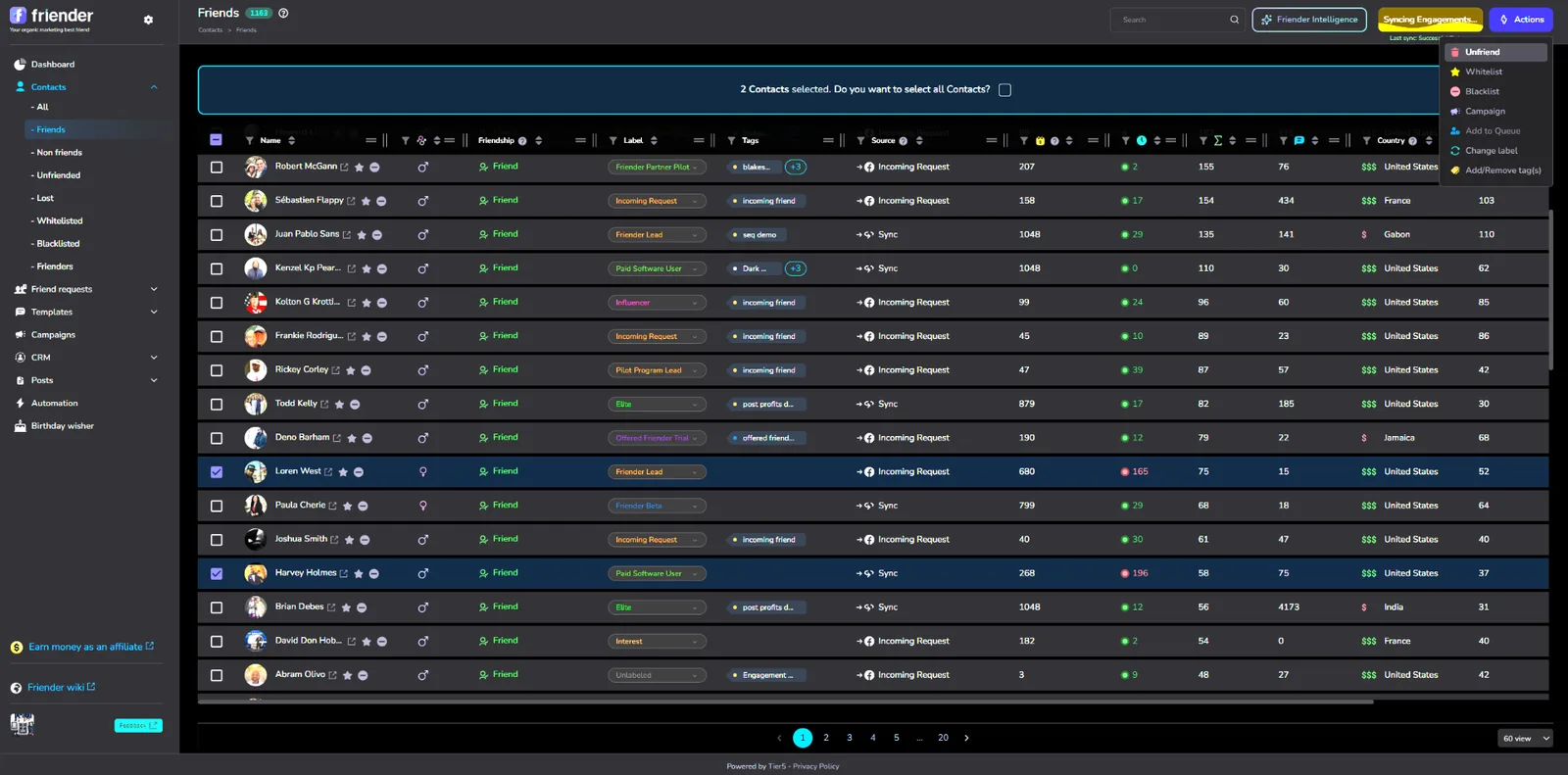Friender Friend Disconnector showing all friend data with unfriend options