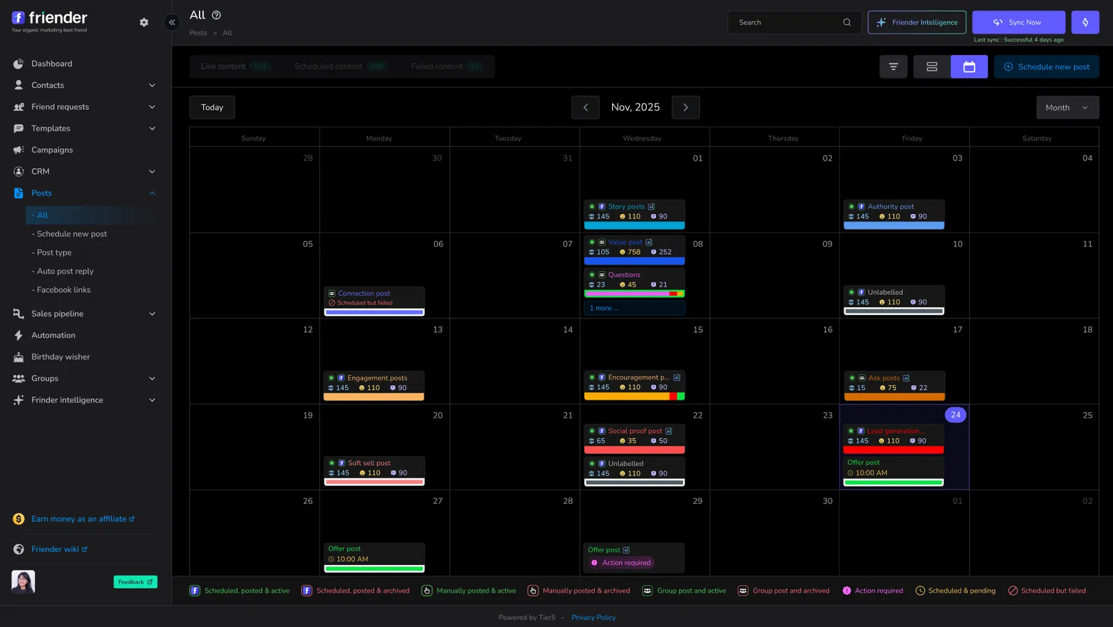 Friender Post Scheduler Calendar - Color-coded content calendar with post types and engagement stats