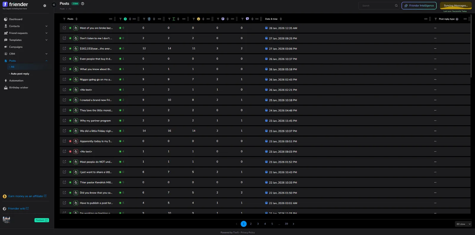 Friender Dashboard showing engagement data for all your friends