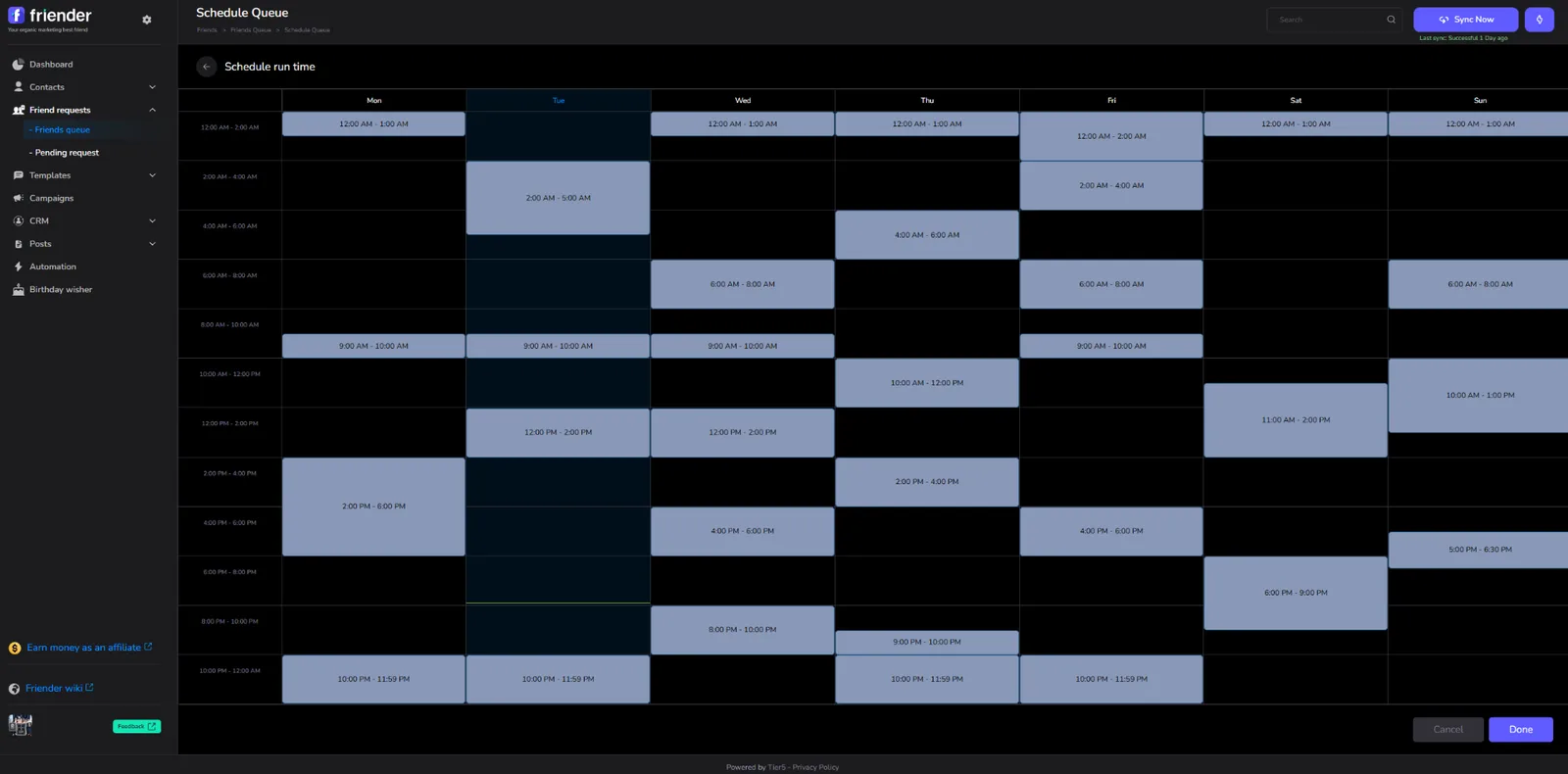 Friender Schedule showing weekly time slots