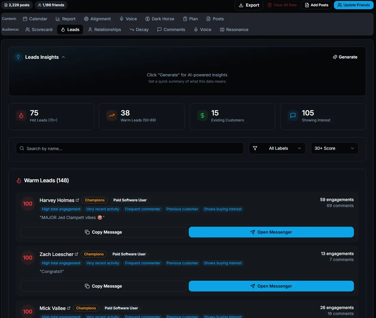 Friender Intelligence Warm Leads screen