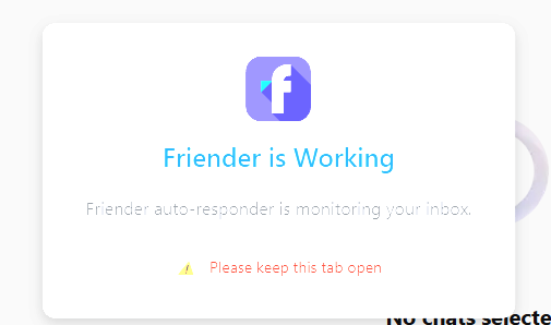 Friender extension status card showing the auto-responder is actively monitoring the Facebook inbox