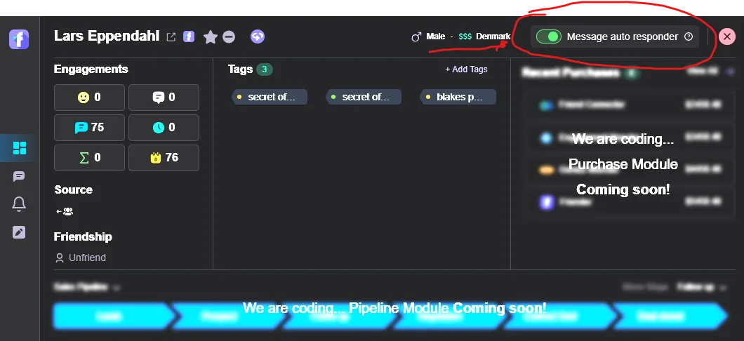 Per-contact Message auto responder toggle inside the Friender CRM