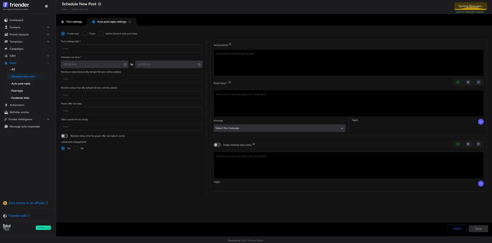 Friender Auto Post Reply settings