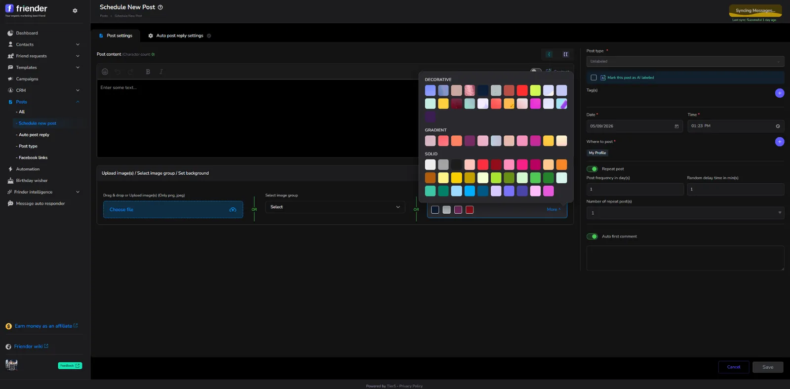 Friender background picker — decorative, gradient, and solid color backgrounds