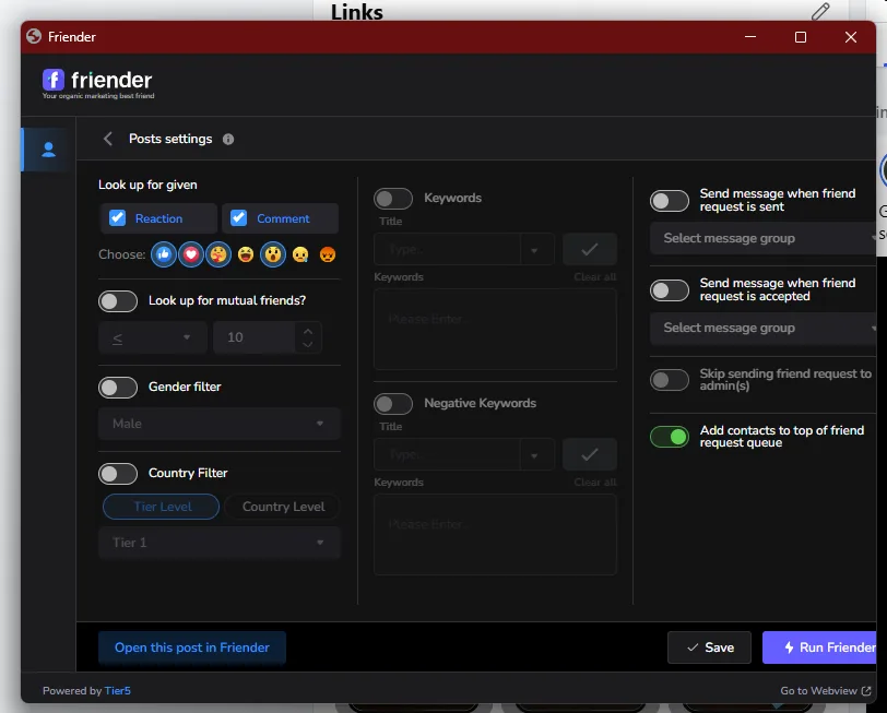 Friender desktop popout — expanded post settings