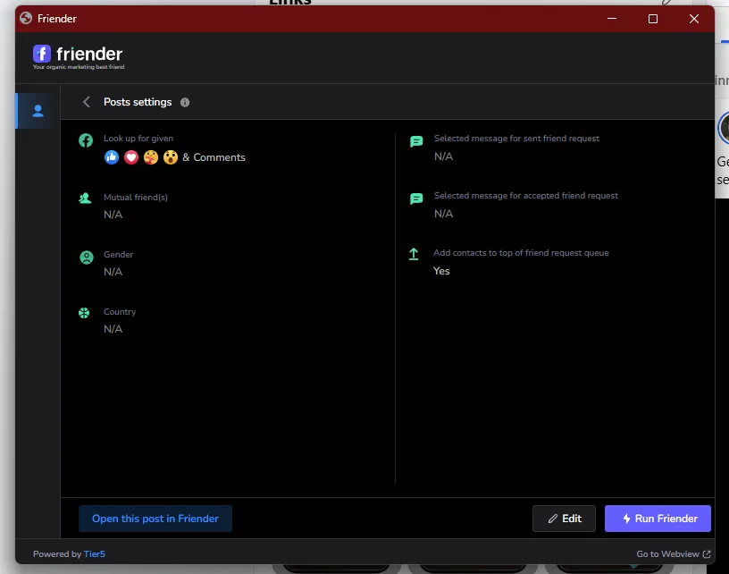 Friender desktop popout — post settings