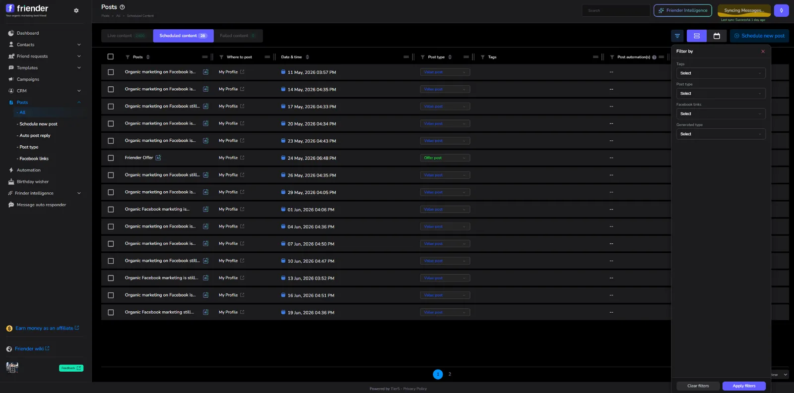 Friender Post Scheduler — scheduled Facebook content dashboard