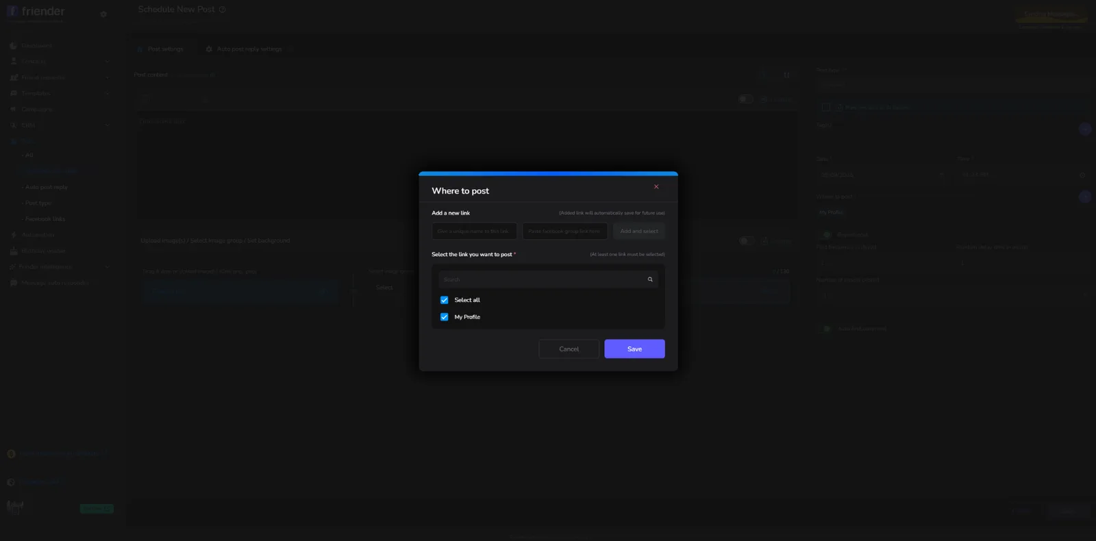 Friender Where To Post — schedule one post to multiple destinations