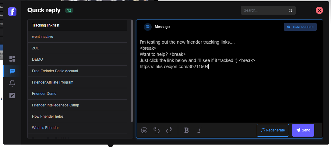 Actual Friender screen: quick replies inside Messenger.