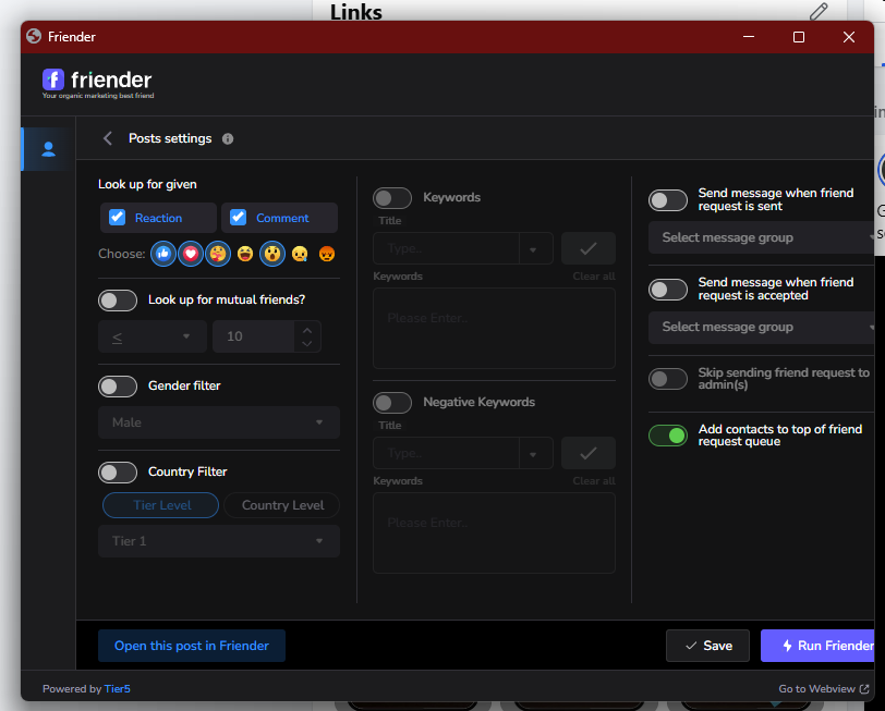 Actual Friender screen: choose who enters your request queue.