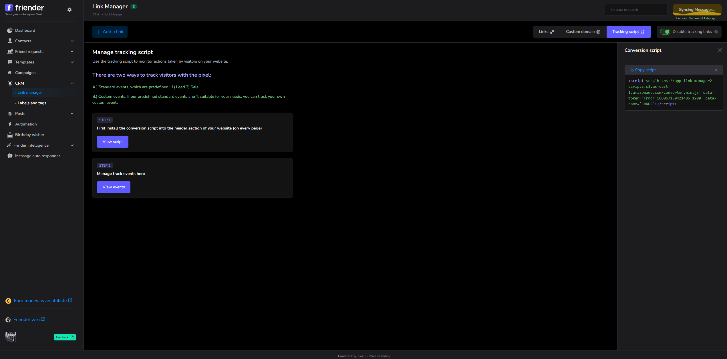Actual Friender screen: website tracking-script setup. Events require configuration on your site.